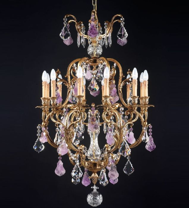 12 Light Gold Chandelier With Amethyst & Crystal Pendants