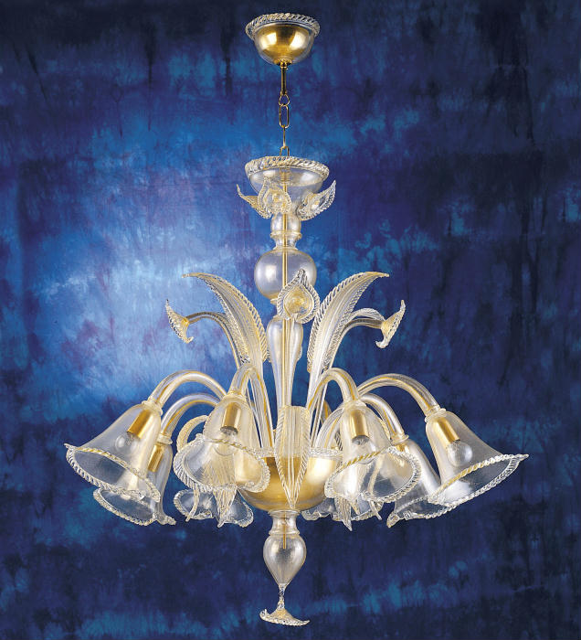 8 Arm Gold And Clear Murano Glass Chandelier