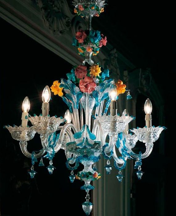 Aquamarine Murano Glass Chandelier With Coloured Flowers