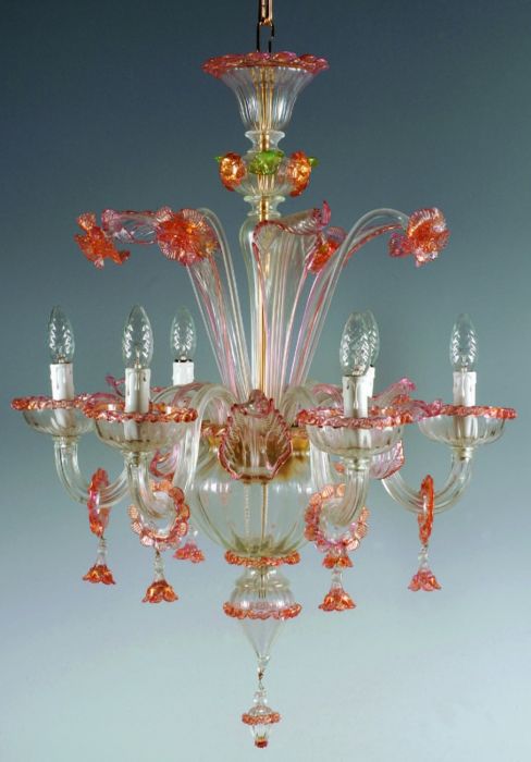 6 Arm Murano Chandelier With Gold, Pink & Green Flowers