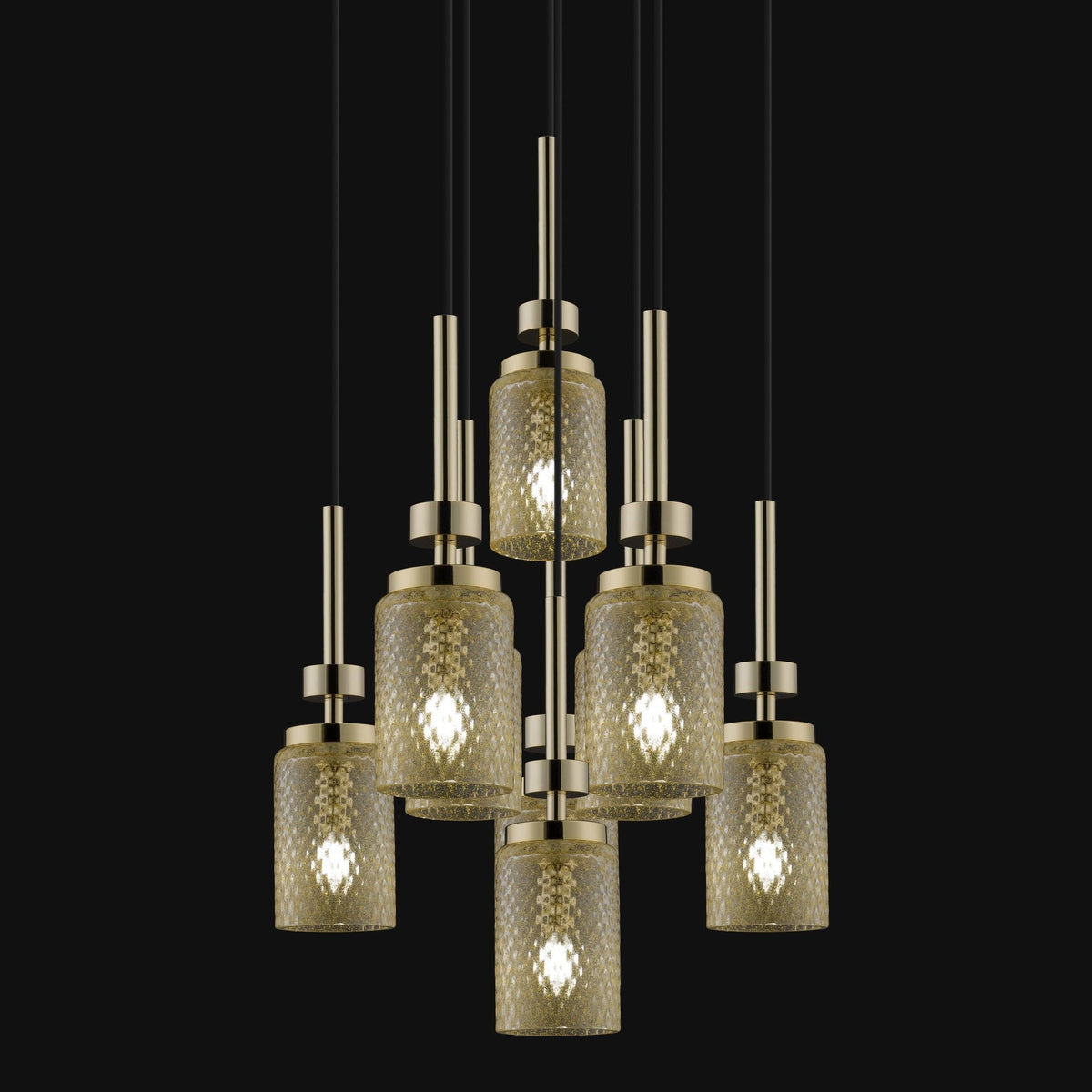 9 Pendant Gold Glass Chandelier - Diamonded Patterned Textured Glass