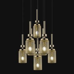 9 Pendant Gold Glass Chandelier - Diamonded Patterned Textured Glass