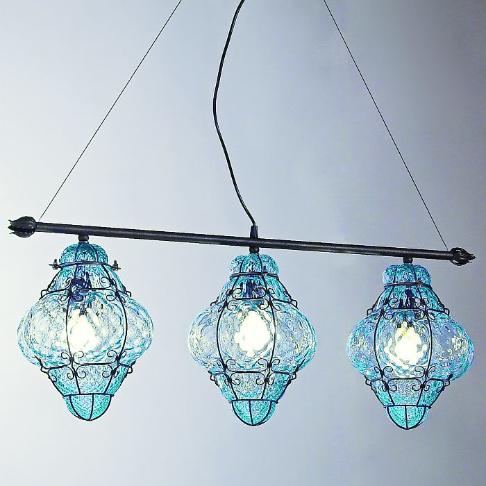 Aquamarine Venetian Baloton Glass Triple Ceiling Light