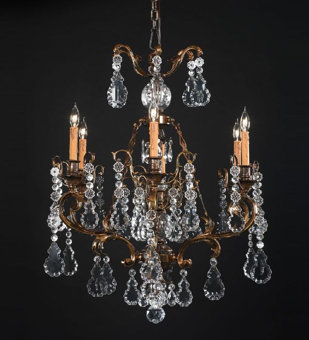 6 Light Brass Chandelier With Hand Cut Bohemian Crystals