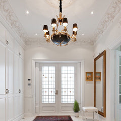8 Light French Gold Chandelier With Black Shades