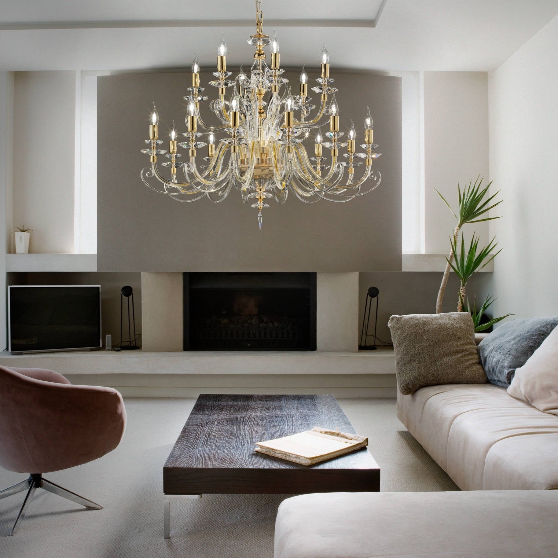 18-Light Clear Crystal Chandelier | 2 Tiers | Transparent Glass | Gold Accents